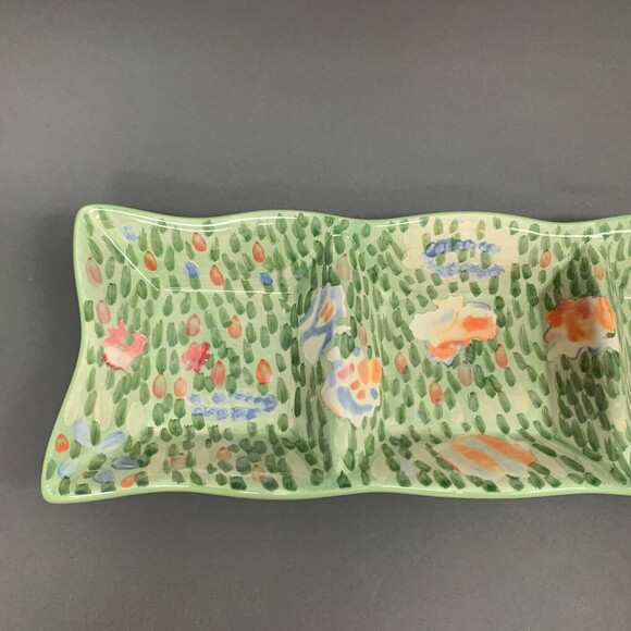 WCL Green Divided 3 Serving Dish Tray Plate 19 1/4 x 7 x 2 Floral Rectangle - Picture 3 of 7